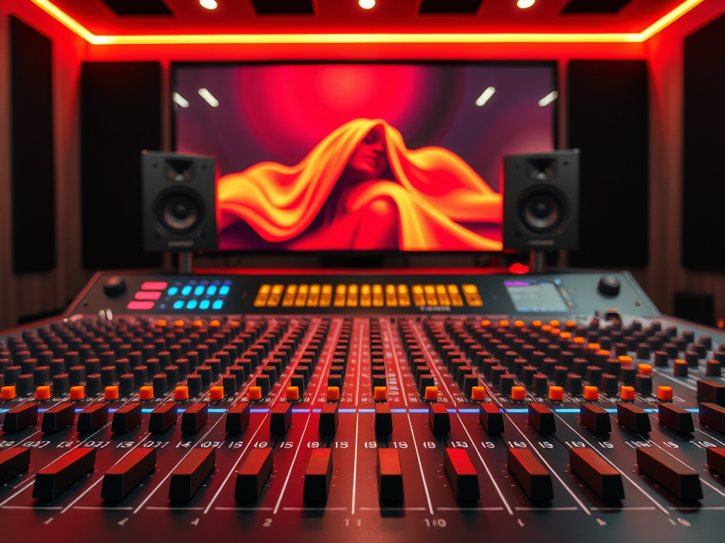 Una consola de mezcla de audio con muchos controles y botones iluminados. En primer plano aparece la superficie de la consola, llena de perillas negras redondas, algunos faders deslizantes y varios botones cuadrados encendidos en colores azul, rojo, naranja y rosa. Hacia el fondo, en el centro, hay una pantalla grande mostrando un fondo oscuro con ondas luminosas en degradados de azul, morado, rosa y blanco. A la izquierda se distingue un altavoz grande; el entorno está poco iluminado y la luz principal proviene de la pantalla y los botones de la consola.><br />
      <iframe src=