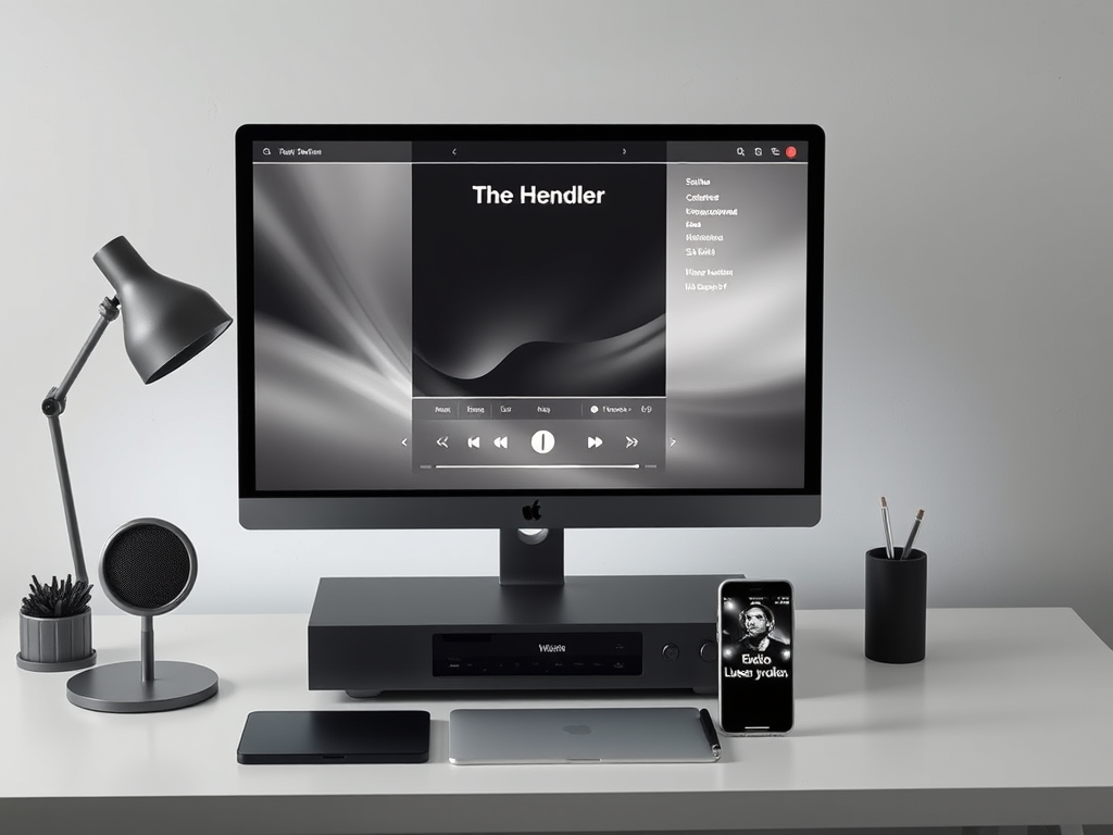Un escritorio minimalista gris con un monitor grande al centro mostrando una interfaz de reproductor de música.
En la pantalla aparece el título “The Hendler” en letras grandes. A la derecha hay una lista de opciones, con “Settings” y “Contact” claramente legibles; el resto del texto es pequeño y no se distingue con claridad. En la parte inferior de la interfaz hay controles de reproducción (iconos de anterior, reproducir/pausa y siguiente) y una barra de progreso.
Debajo del monitor hay un equipo rectangular negro tipo amplificador o reproductor. Sobre el escritorio, delante, hay un dispositivo plano negro a la izquierda y una tableta gris al centro. A la derecha hay un teléfono de pie con una pantalla de música; el texto legible dice “Fwd:” y debajo “Lana y jules”.
A la izquierda del monitor hay una lámpara de escritorio negra y, delante, un altavoz pequeño redondo. A la derecha hay un vaso portalápices negro con dos lápices.