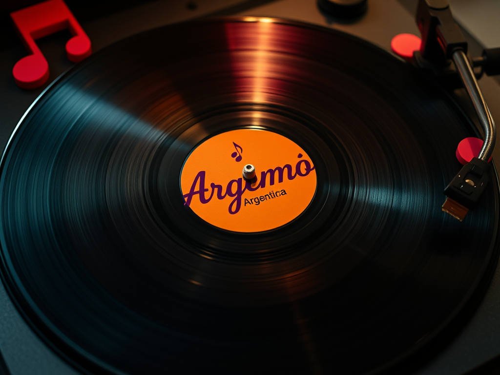 Un dramático primer plano de un disco de vinilo giratorio con una etiqueta que dice “Ritmo Argentina en color naranja intenso y magenta.” en tipografía atrevida, colocado sobre un tocadiscos negro mate con detalles en acero cepillado. El brazo del lápiz óptico se sitúa precisamente sobre las ranuras, captando una intensa franja de luz. Rodeando el tocadiscos, letreros de neón borrosos en formas abstractas de color turquesa tropical y rosa fuerte que recuerdan a las notas musicales. La iluminación cálida y discreta procedente de una fuente superior dorada crea una atmósfera profunda. contrastes y ricos reflejos. Realismo fotográfico, capturado en un ángulo bajo con poca profundidad.de campo, evocando el alma nostálgica y el toque urbano de la cultura radiofónica latina.
